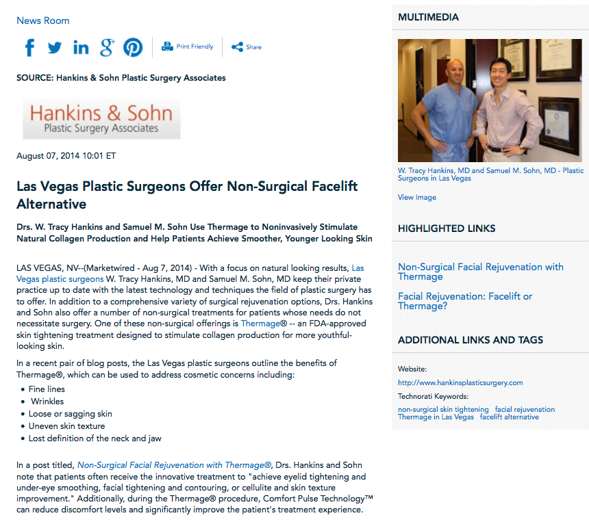 Las Vegas plastic surgeons, Thermage, non-surgical facial rejuvenation, facelift, Dr. Hankins, Dr. Sohn