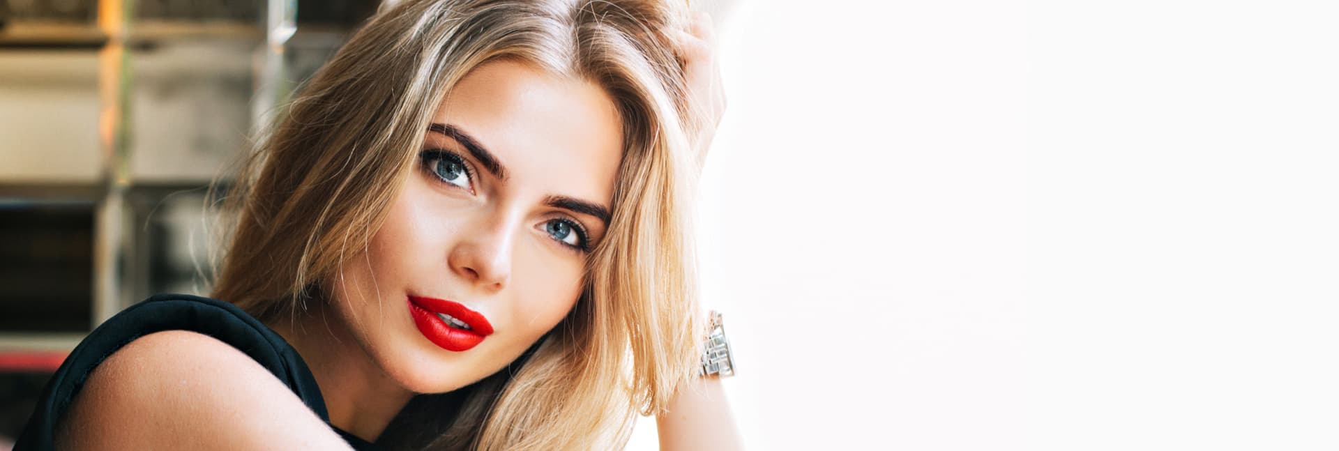 pretty blonde woman wearing red lipstick